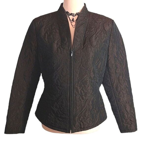 Dana Buchman Vntg Dark Brown Fitted Embroidered Puffer Zip Up Jacket 10P - Picture 1 of 17